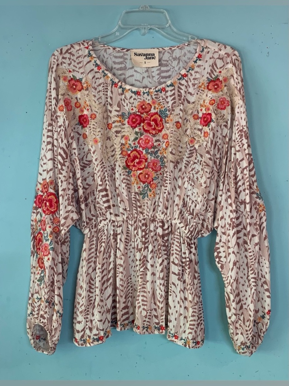 Savanna Jane long sleeved ladies floral embroidered top, size S